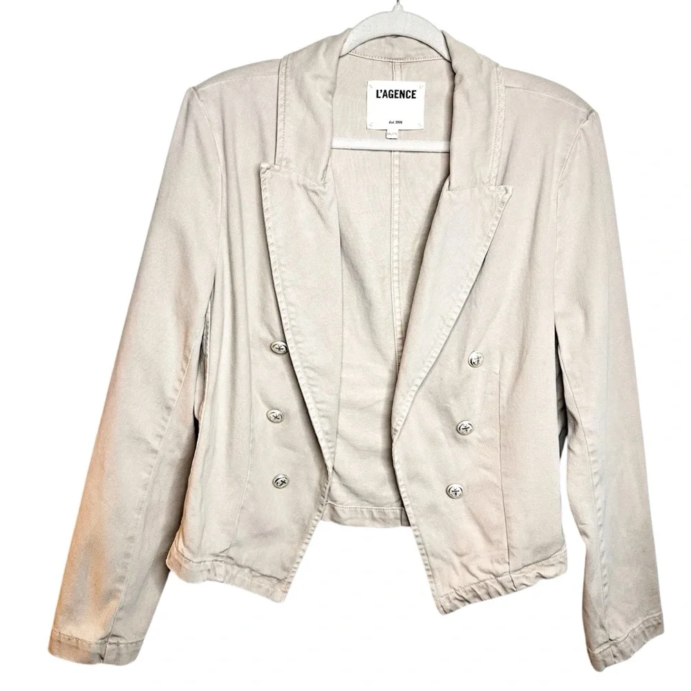 L’Agence Wayne Crop Double Breasted Denim Jacket Sand Dune Tan XXL